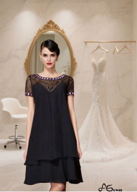 Short Chiffon A-Line Mother of the Bride Dress with Scoop Neck and Beading