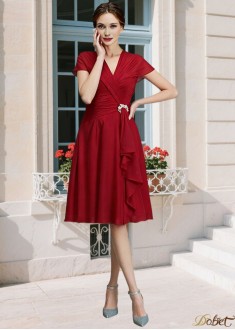 V-neck Chiffon Mother of the Bride Dress A-line Ruffle Knee Length