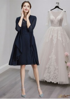 V Neck Knee Length Chiffon Mother of the Bride Dress with Beading