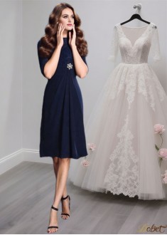 Knee Length Chiffon Mother of the Bride Dress with Lace and Jewel Neckline