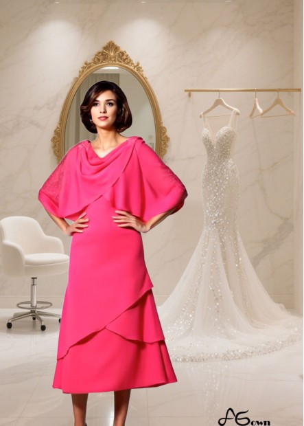Tea-Length Chiffon Mother of The Bride Formal Dress — Scoop Neck A-Line Princess Gown