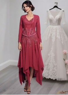 Elegant V-Neck Chiffon Mother of the Bride Dress with Asymmetrical Hemline