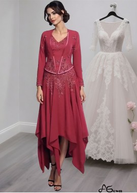 Elegant V-Neck Chiffon Mother of the Bride Dress with Asymmetrical Hemline