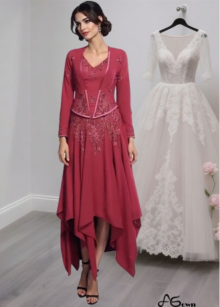 Elegant V-Neck Chiffon Mother of the Bride Dress with Asymmetrical Hemline