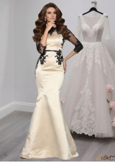 Satin Bateau Neck Mermaid Mother of the Bride Formal Dress with Lace and Sweep Train