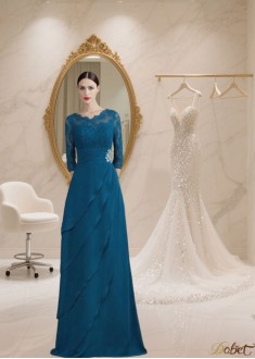 Chiffon V-Neck A-Line Mother of the Bride Dress with 1/2 Sleeves — Floor-Length Gown