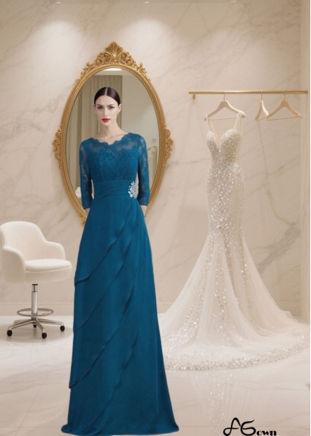 Chiffon V-Neck A-Line Mother of the Bride Dress with 3/4 Sleeves — Floor-Length Gown