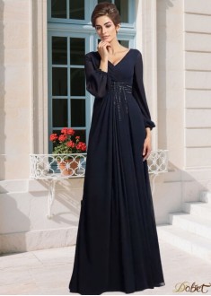 V-Neck Mother of the Bride Dress with Beading - Long Sleeve A Line Gown