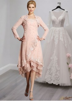 Pink Strapless Chiffon Knee-Length A-Line Mother of the Bride Dress with Applique