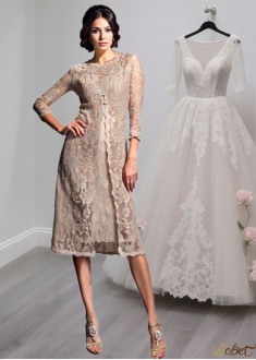 Scoop Neck Taffeta Mother of the Bride Dress – Lace Sheath Knee-Length Gown