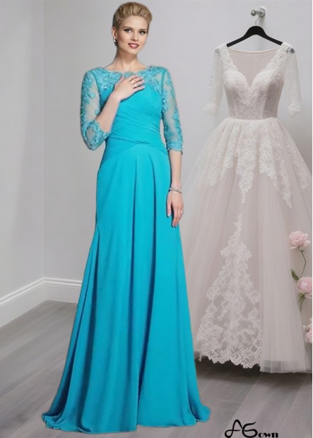 Floor-Length Chiffon A-Line Prom Mother of the Bride Dress with 3/4 Sleeves