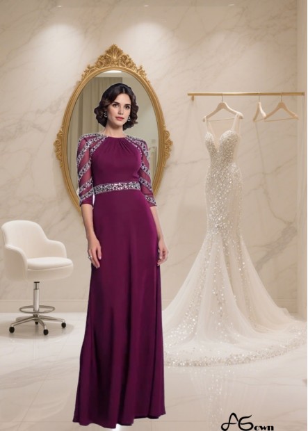 Elegant Chiffon Scoop Neck Beaded A-Line Mother of the Bride Dress with 3/4 Sleeves