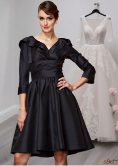 Short Taffeta V-Neck A-Line Mother of the Bride Dress with 3/4 Sleeves