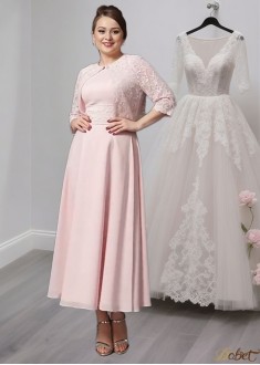 Pink Chiffon Mother of the Bride Dress – Ankle Length A-Line Gown With Lace Sleeves