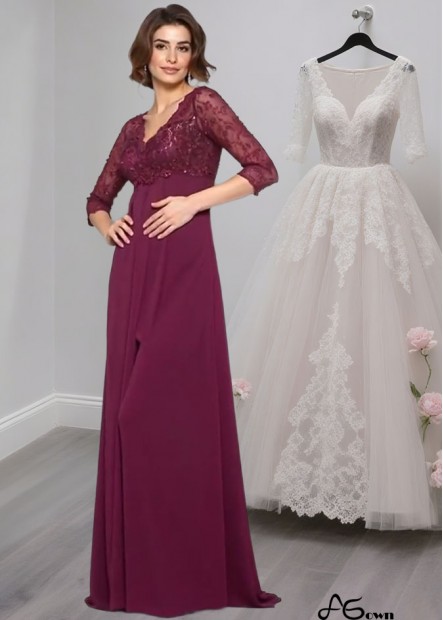 Elegant V-Neck Chiffon Mother of the Bride Dress with Beading and 3/4 Sleeves
