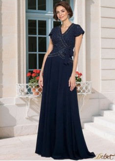 Elegant Chiffon Mother of the Bride Dress – V-Neck Beaded A-Line Gown with Short Sleeves