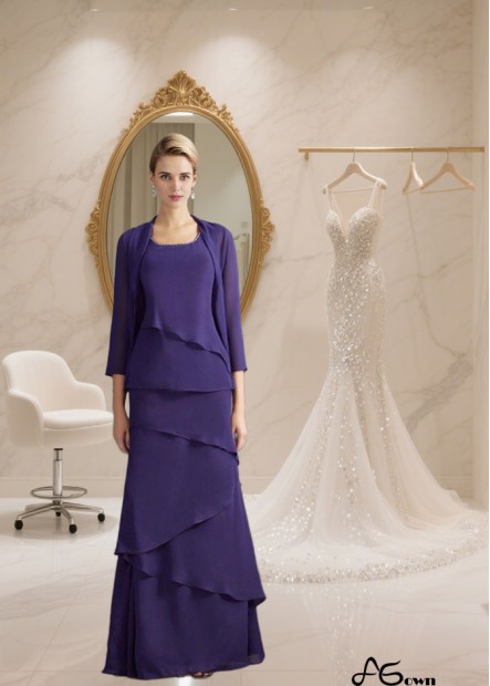 Floor-Length Sleeveless Chiffon Mother of the Bride Dress with Scoop Neck and Ruffles