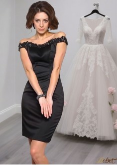 Off-the-Shoulder Satin Mother of the Bride Dress – Knee-Length Sheath Gown Off-the-Shoulder Satin Mother of the Bride Dress – Knee-Length Sheath Gown