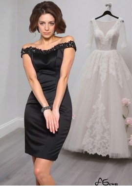Off-the-Shoulder Satin Mother of the Bride Dress – Beaded Knee-Length Sheath Gown