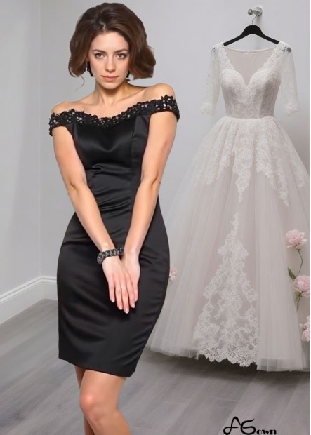 Off-the-Shoulder Satin Mother of the Bride Dress – Beaded Knee-Length Sheath Gown