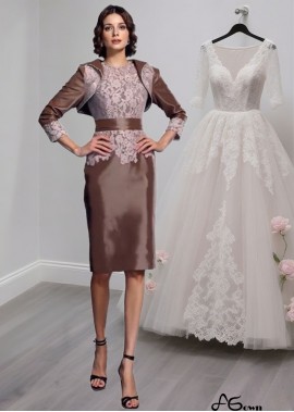 Knee-Length Taffeta Mother of the Bride Dress with Lace Embellishment and Jewel Neck