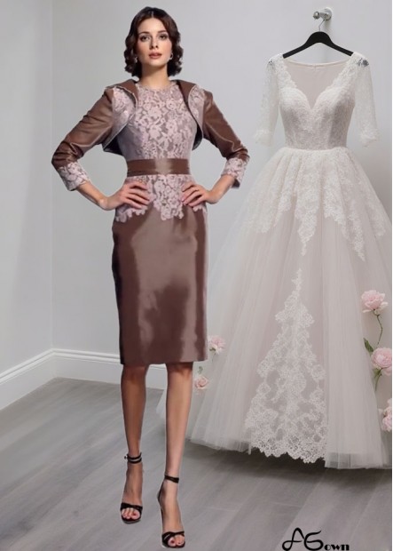 Knee-Length Taffeta Mother of the Bride Dress with Lace Embellishment and Jewel Neck