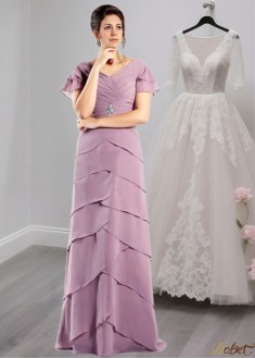 Chiffon V-Neck Short Sleeve Floor-Length Mother of the Bride Dress