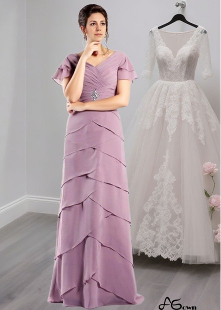 Chiffon V-Neck Short Sleeve Floor-Length Mother of the Bride Dress