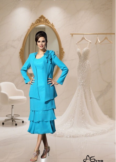 Elegant Tea-Length Chiffon Mother of the Bride Dress with Scoop Neckline