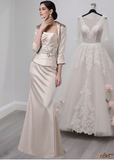 Strapless Satin Beaded Mother of the Bride Dress with Handmade Flowers