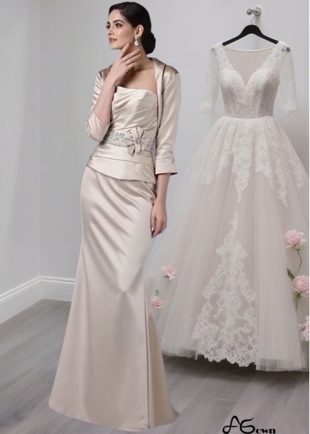 Strapless Satin Beaded Mother of the Bride Dress with Handmade Flowers