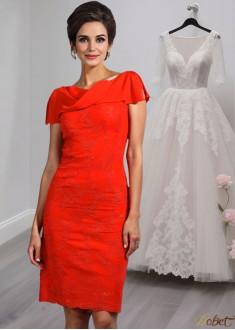 Knee-Length Satin Sheath Party Dress with Lace and Short Sleeves