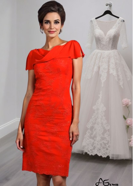 Knee-Length Satin Sheath Party Dress with Lace and Short Sleeves