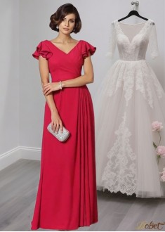 Floor-Length Chiffon V-Neck Mother of the Groom Dresses with Ruched Cheap