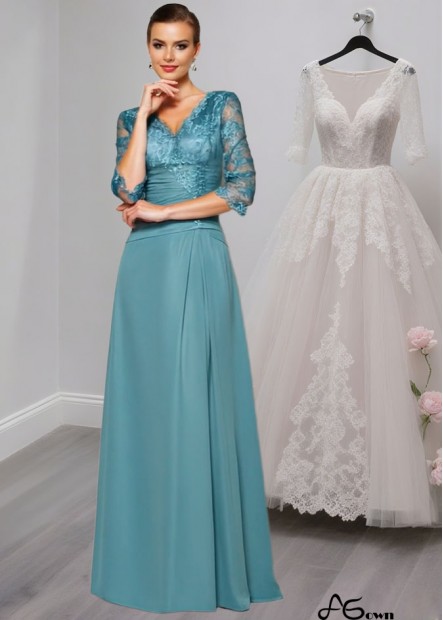Elegant V-Neck Chiffon A-Line Mother of the Bride Dress with Lace and 1/2 Sleeves