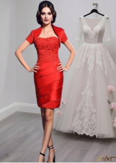 Short Mother of the Bride Dress – Strapless Sheath Gown with Beading