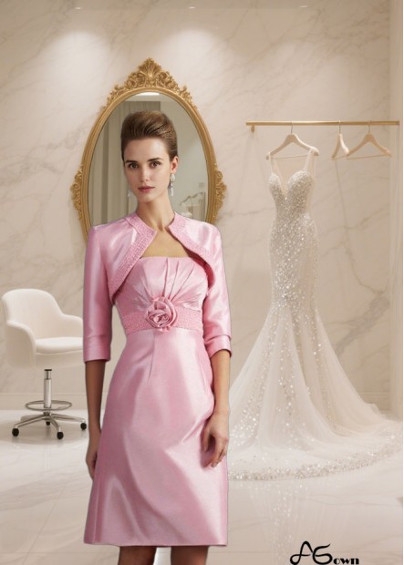 Strapless Knee-Length Taffeta Mother of the Bride Dress with Beading