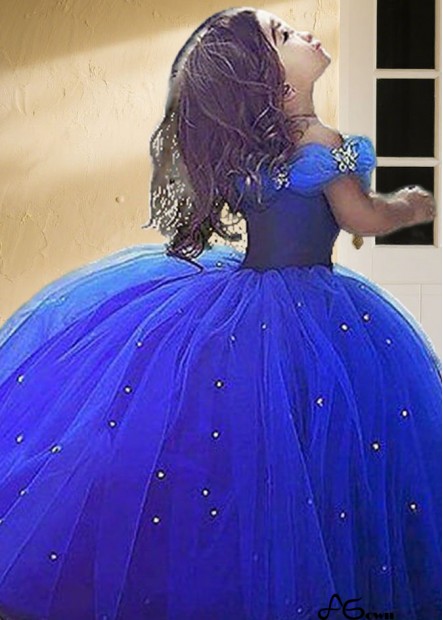 Off-Shoulder Tulle Ball Gown Flower Girl Dress with Crystals Embellishment