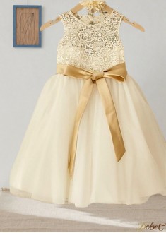 Elegant Tulle Scoop Neck A-Line Flower Girl Dress with Bowknot