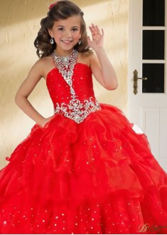 Organza Halter Ball Gown Flower Girl Dress with Sequins & Rhinestones – Floor Length