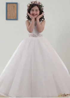Elegant Tulle Ball Gown Flower Girl Dress with Sash for Wedding Elegant Tulle Ball Gown Flower Girl Dress with Sash for Wedding