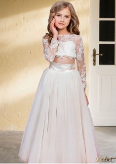 Chiffon Long Sleeve A-Line Flower Girl Dress with Jewel Neck & Lace Details