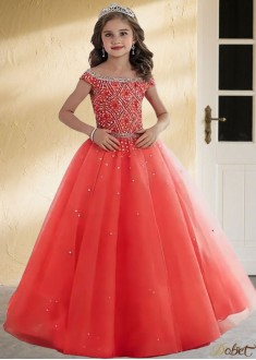 Off Shoulder Beaded Tulle Ball Gown Flower Girl Dress
