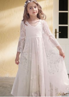 Lace V-Neck Long Sleeves Floor Length Flower Girl Dresses