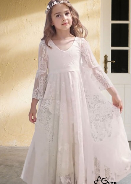 Lace V-Neck Long Sleeves Floor Length Flower Girl Dresses
