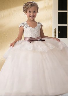 Tulle Flower Girl Dress with Straps – Floor-Length Ball Gown with Ribbon Sash