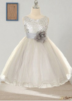 Organza Jewel Neck Ball Gown Flower Girl Dress with Hand-Made Flowers