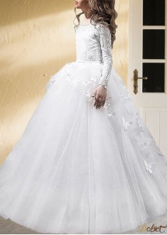 Tulle Scoop Neck Long Sleeve Ball Gown Flower Girl Dress
