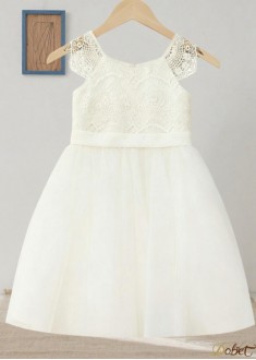 Flower Girl Dress | Scoop Neck Sleeveless Lace Tulle A-Line Princess Gown