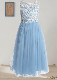 Jewel Neck Lace Flower Girl Dress A-Line Princess Floor Length